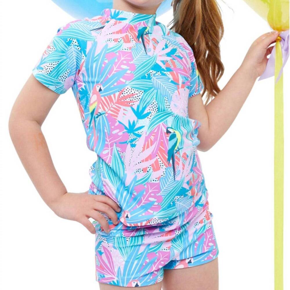 NEW GOTTEX girls short sleeve swim shirt with matching swim short in gtk neon pa